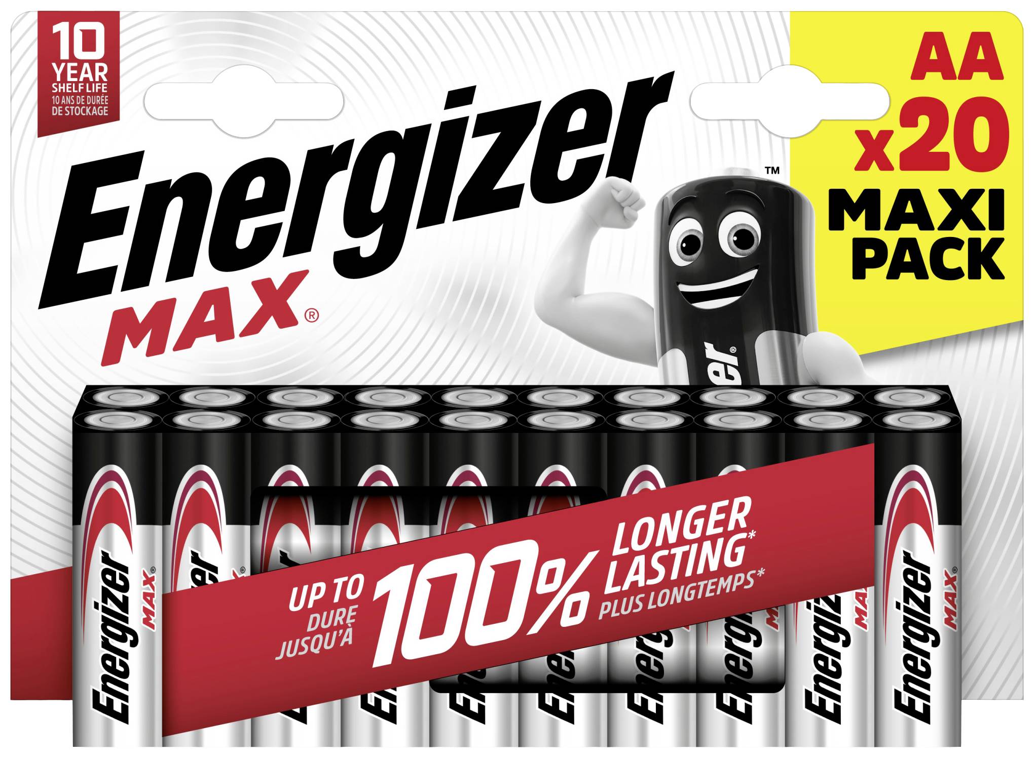 A pack of 20 Energizer MAX AA batteries, offering longer battery life. Features a cheerful battery mascot graphic.