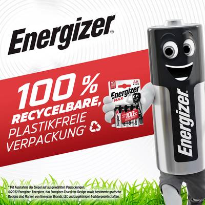 A smiling battery mascot is holding an Energizer battery pack. Text: '100% recyclable packaging'. Brand logos are visible.
