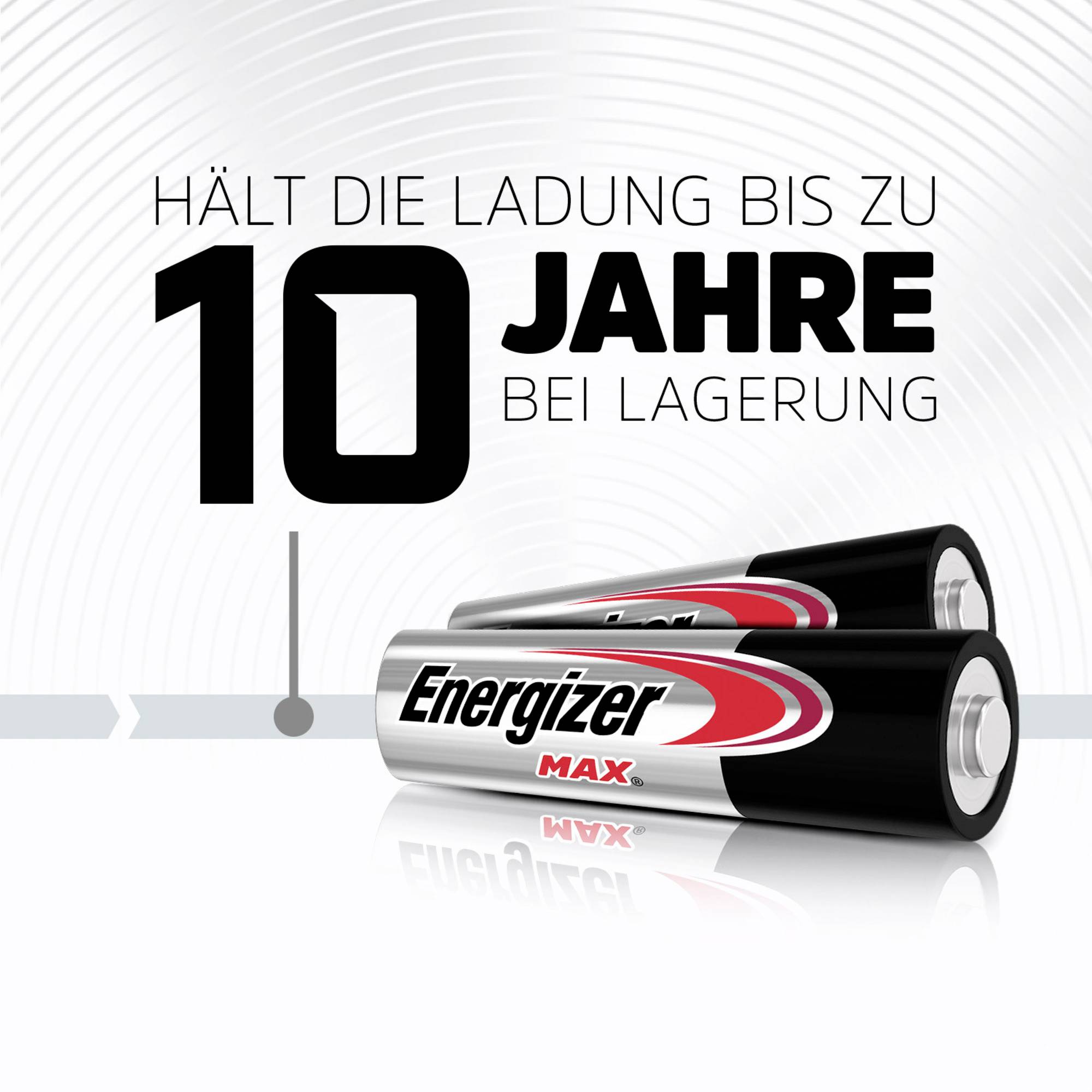 The image shows two Energizer Max AA batteries with the text 'Keeps power up to 10 years in storage'.