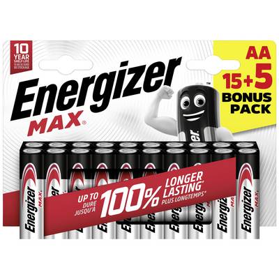 Energizer MAX AA Batteries Pack, 15+5 Bonus, with 10-year shelf life. Front shows batteries and cartoon battery character.