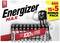 Pack of 20 AAA Energizer Max batteries. Label reads: '15 + 5 Bonus Pack', 'Up to 100% longer lasting'. Illustration of a battery mascot.