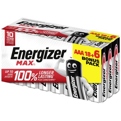 Pack of 18 AAA Energizer Max batteries plus 6 additional batteries, emphasising long-lasting performance and 10-year shelf life.