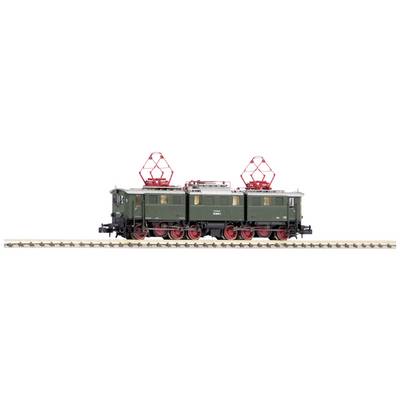 A green model of a historic electric locomotive with red wheels and pantographs stands on a section of track.