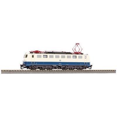A model train with a cream and blue colour scheme is travelling along a section of track. The locomotive has a red-painted pantograph.