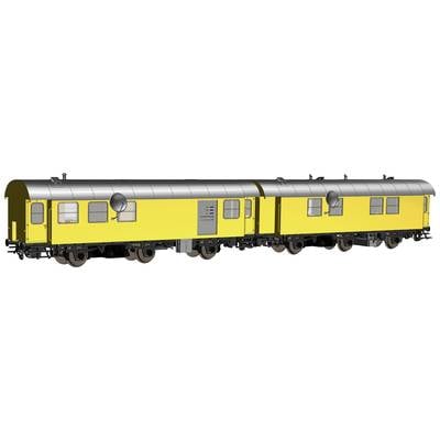 Two yellow railway carriages with arched roofs and small windows. Both are identical on the outside and arranged in a row.