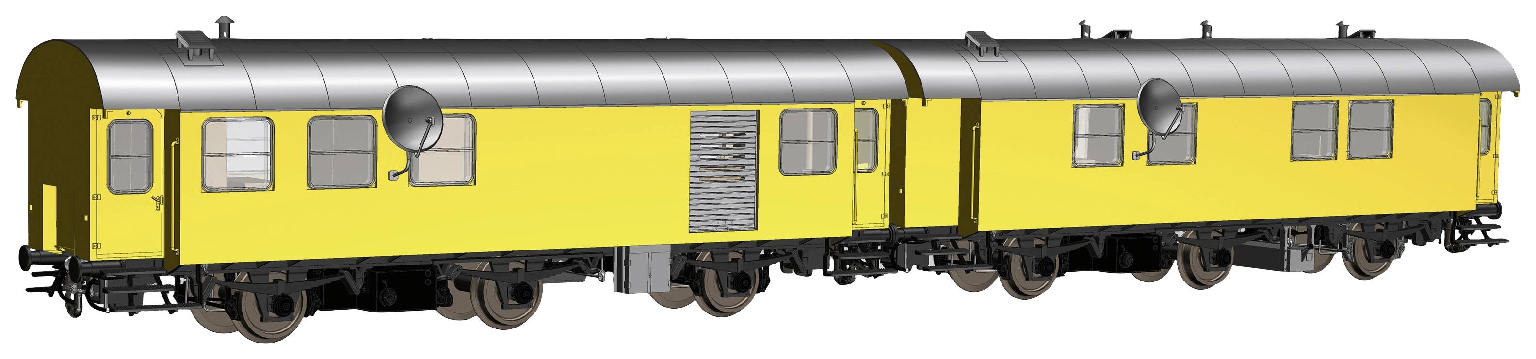Two yellow railway carriages connected to each other, positioned on tracks, both equipped with round windows and silver roofs.