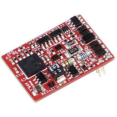 A small, red electronic component with various resistance-like components and a chip, a typical module for electronic circuits.