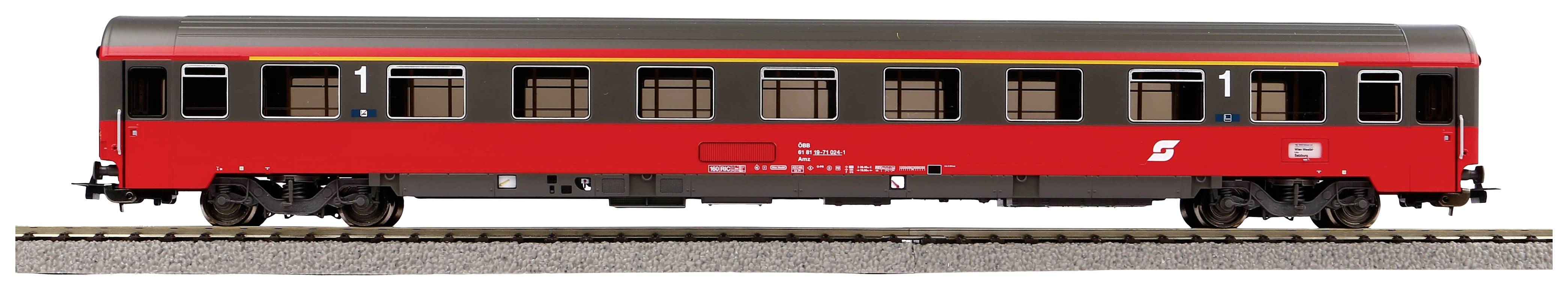 Red passenger train carriage with multiple windows, standing on a railway track.