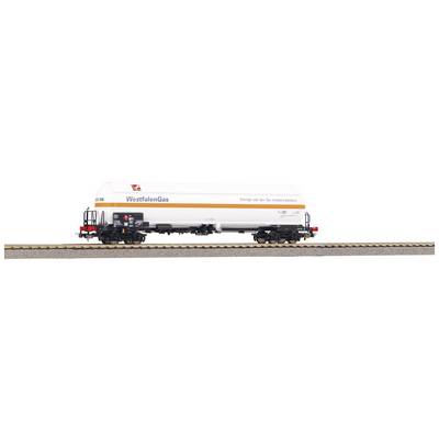 A model of a gas transport wagon on a track. Inscription: 'WestfalenGas'. White tank with an orange line and black chassis.
