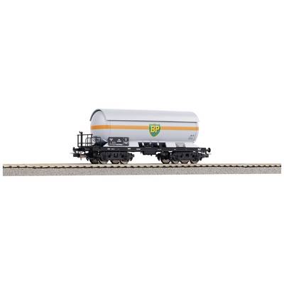 A model of a BP tank wagon on rails with a grey tank and orange stripe, suitable for model railway construction.