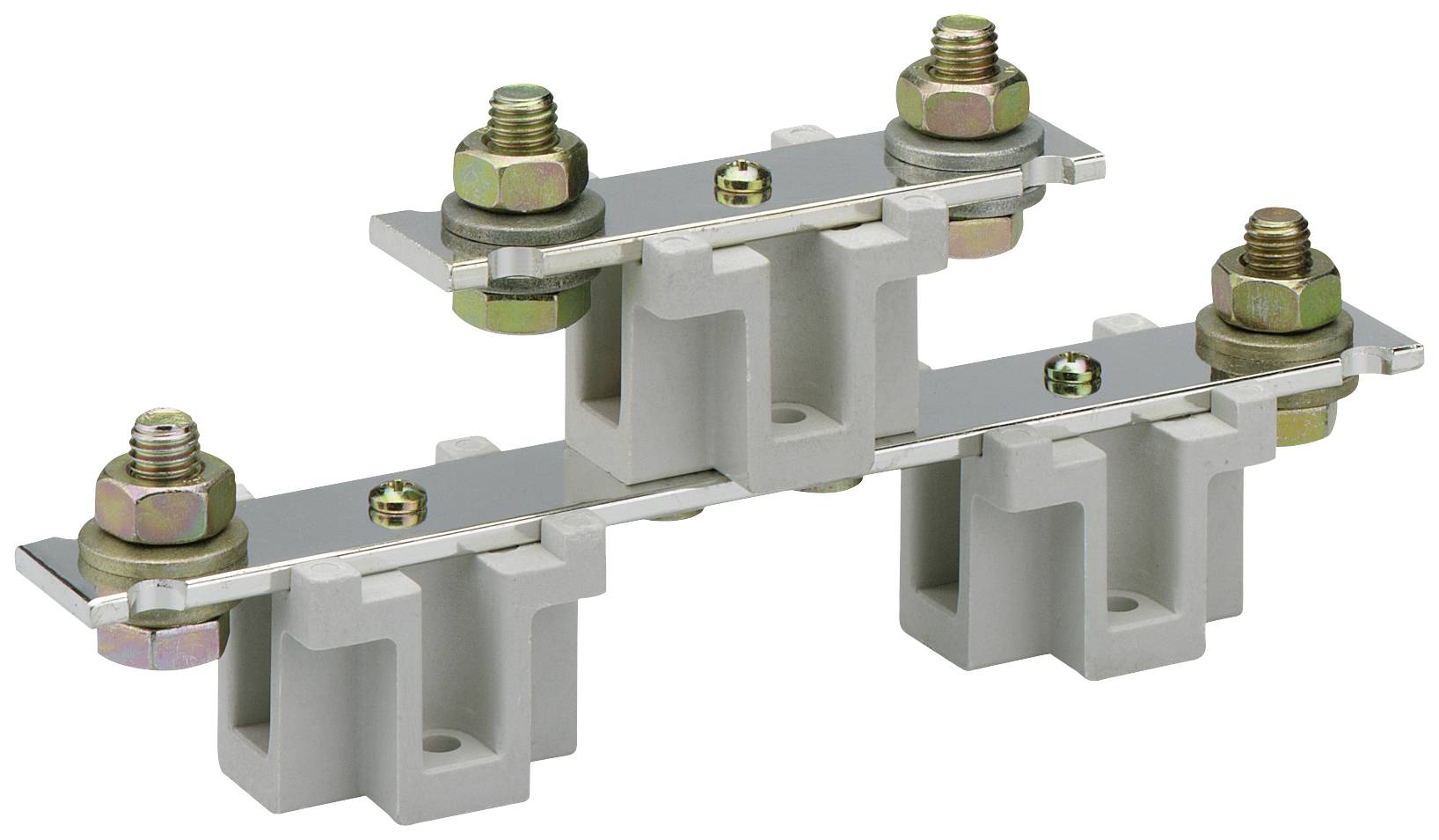 A two-pole main line connector with insulated, mounted metal bars and screw terminals for electrical connection.