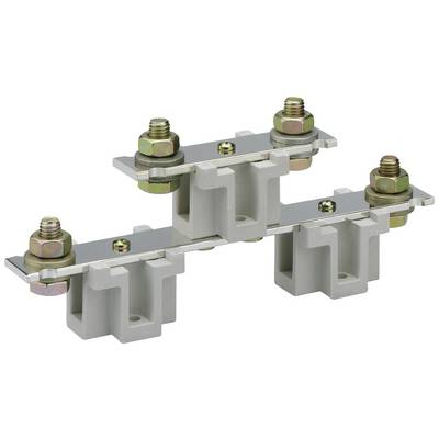 A two-pole main line connector with insulated, mounted metal bars and screw terminals for electrical connection.