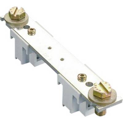 Metal rail with two screw clamps at the ends, mounted on a light grey plastic frame. Commonly used in electrical applications.
