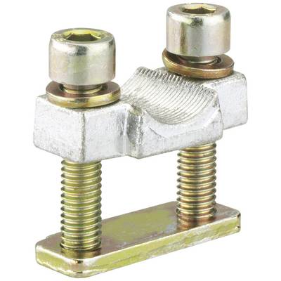 Silver-coloured, double cable clamp with two bolts and nuts for securing cables, manufactured from metal.