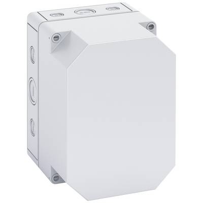 A square white electrical socket with rounded corners and screw covers on the sides.