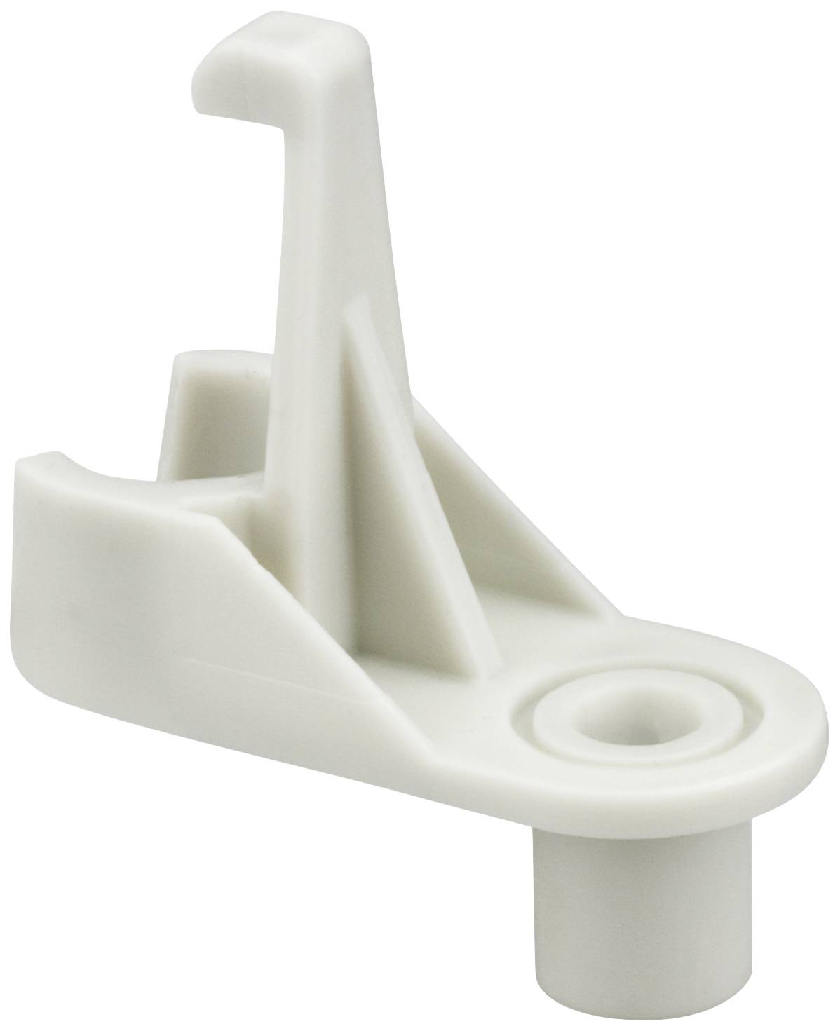 A white plastic component, possibly a holding or mounting element, with a hook and a circular base.