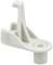 A white plastic component, possibly a holding or mounting element, with a hook and a circular base.