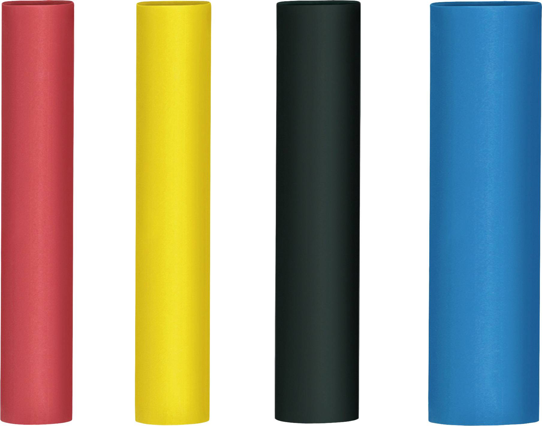 Four colourful cylinders side by side: red, yellow, black, and blue.