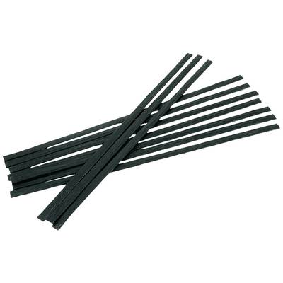 Eight black, flat cable ties arranged side by side at a slight angle to each other. They are stacked on a surface.