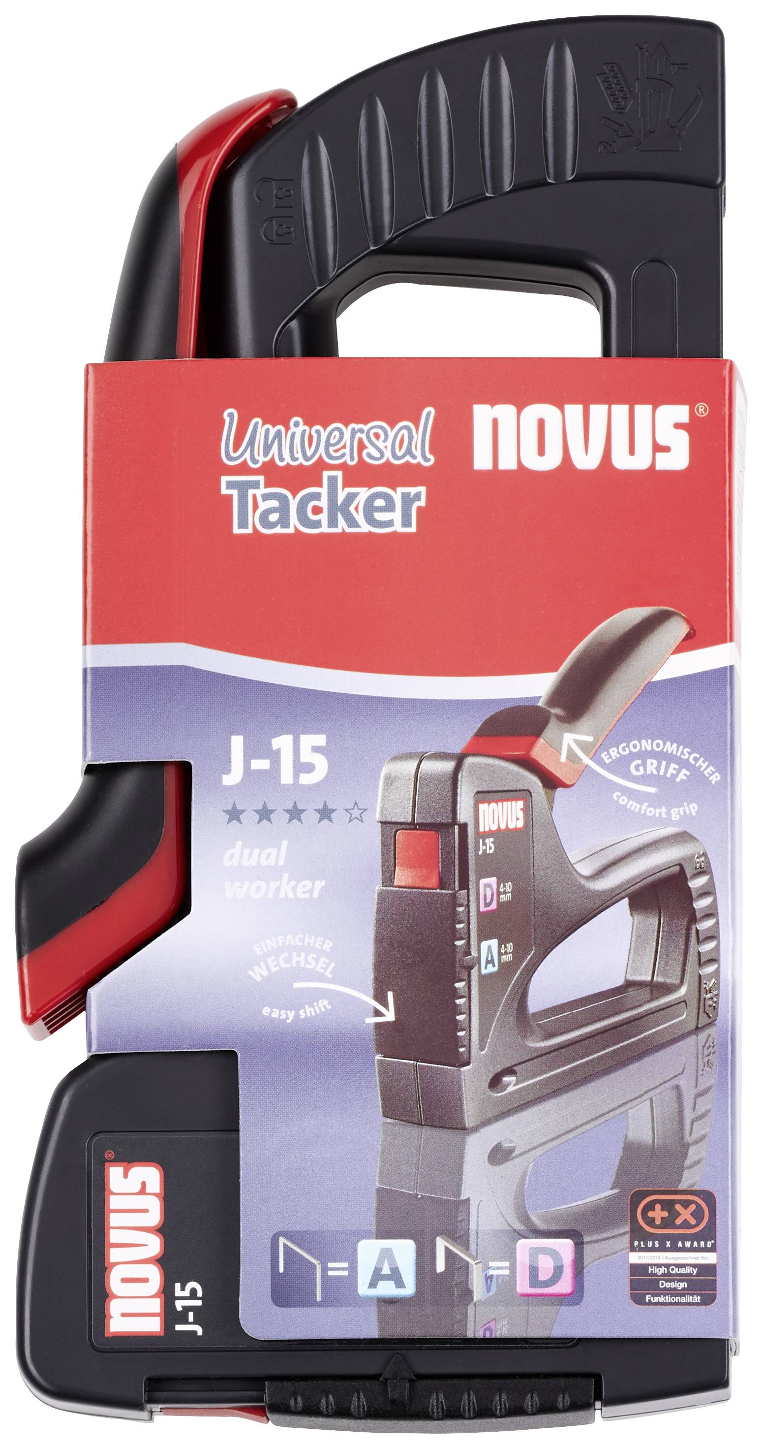 Novus Handtacker J-15, leichter Allzweck-Tacker, Werkzeugtacker für Klammern 4-10 mm, schnelles Nachladen, Softgrip, Schwarz