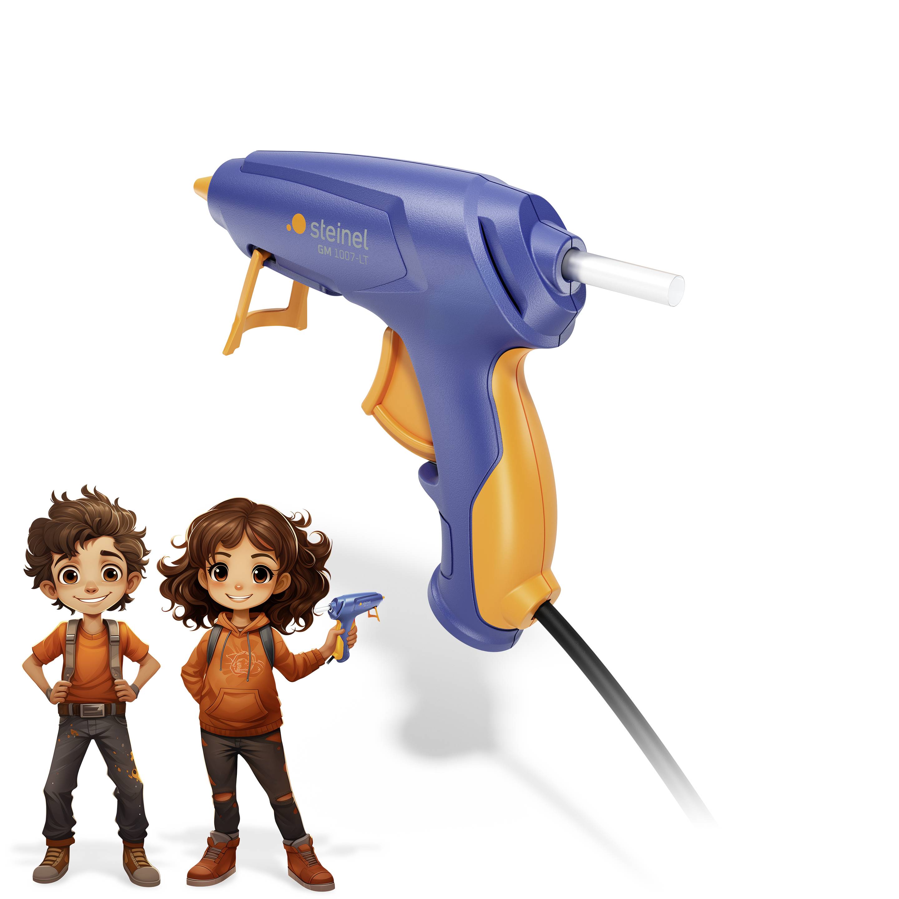 Child with curly hair holding a blue and orange glue gun. Small toy with similar outfit beside it.