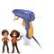 Child with curly hair holding a blue and orange glue gun. Small toy with similar outfit beside it.