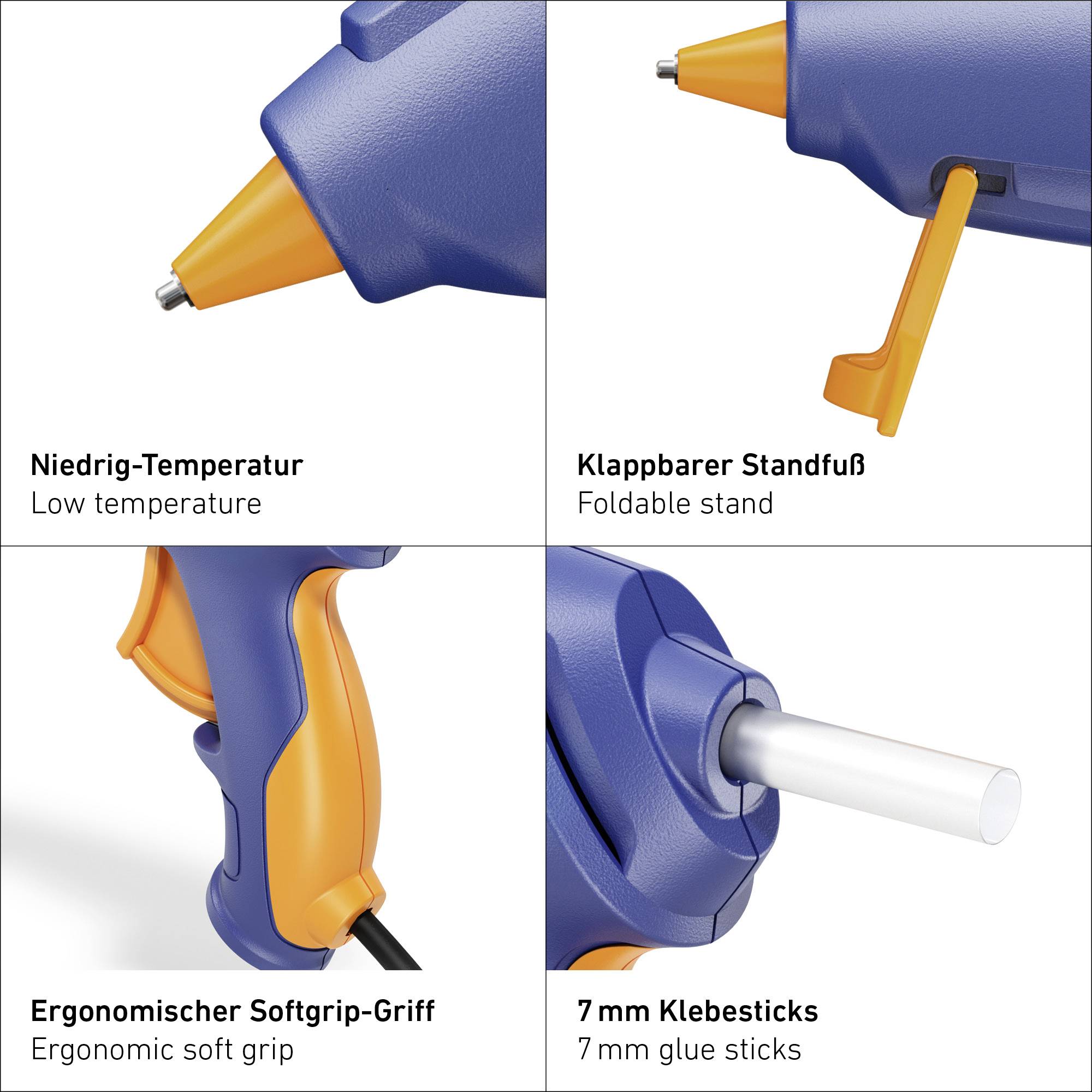 Close-up of a blue hot glue gun with orange accents. Features: Low temperature, folding stand, ergonomic soft-grip handle, 7mm glue sticks.