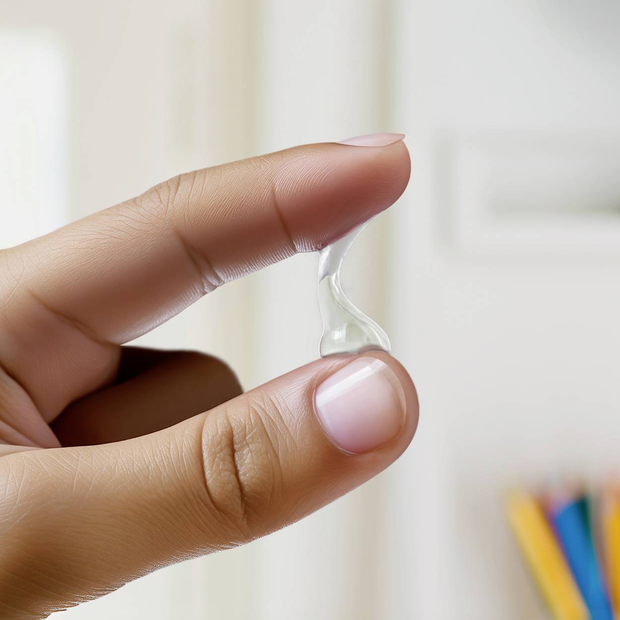 Close-up of two fingers holding a transparent, gel-like substance. Background blurred, focus on the substance.