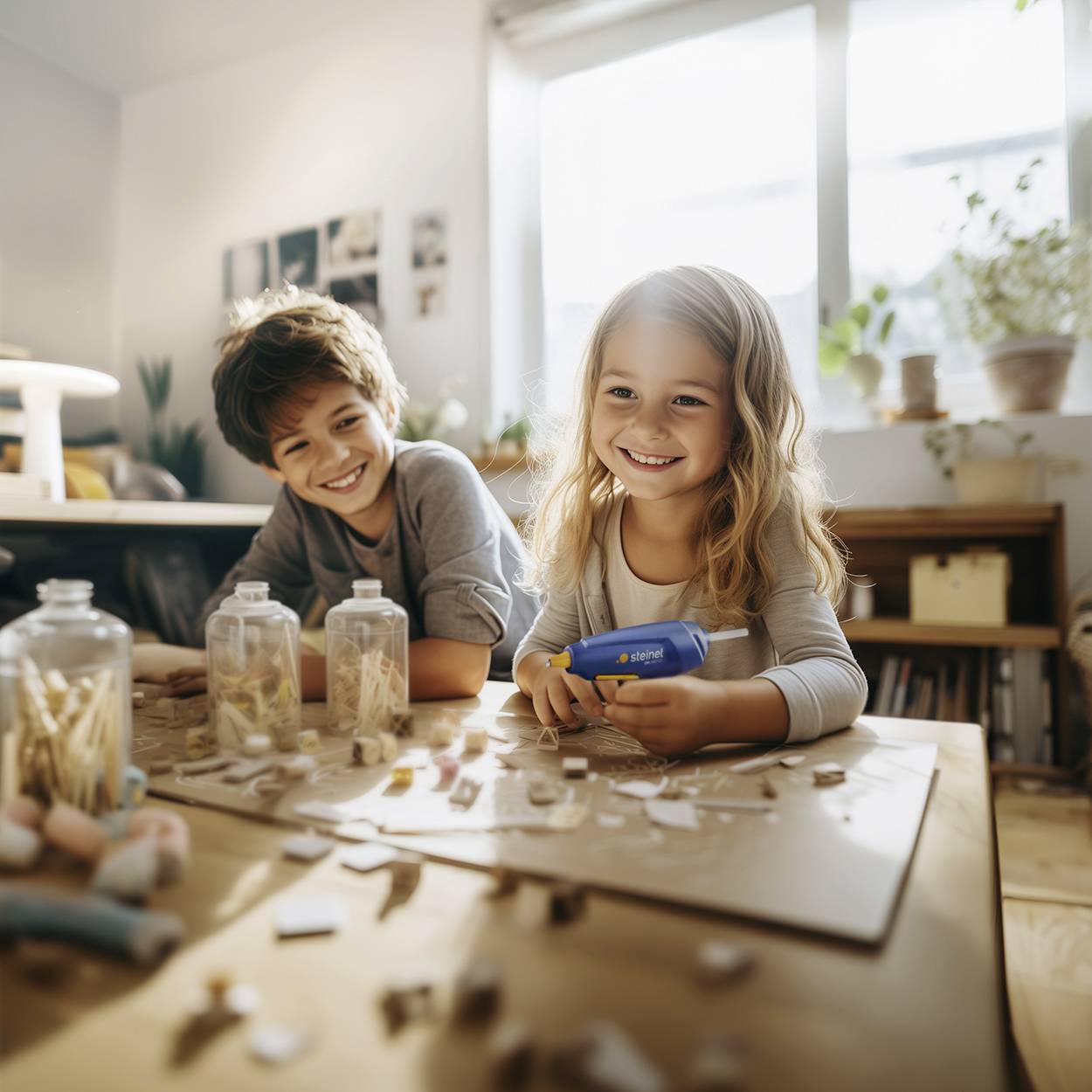 Two children are crafting together in a sunlight-filled room. A girl is holding a glue gun and laughing, while a boy looks on.