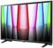 A flatscreen television with a colourful image on the screen. Various bright colour columns reflecting on a black surface.