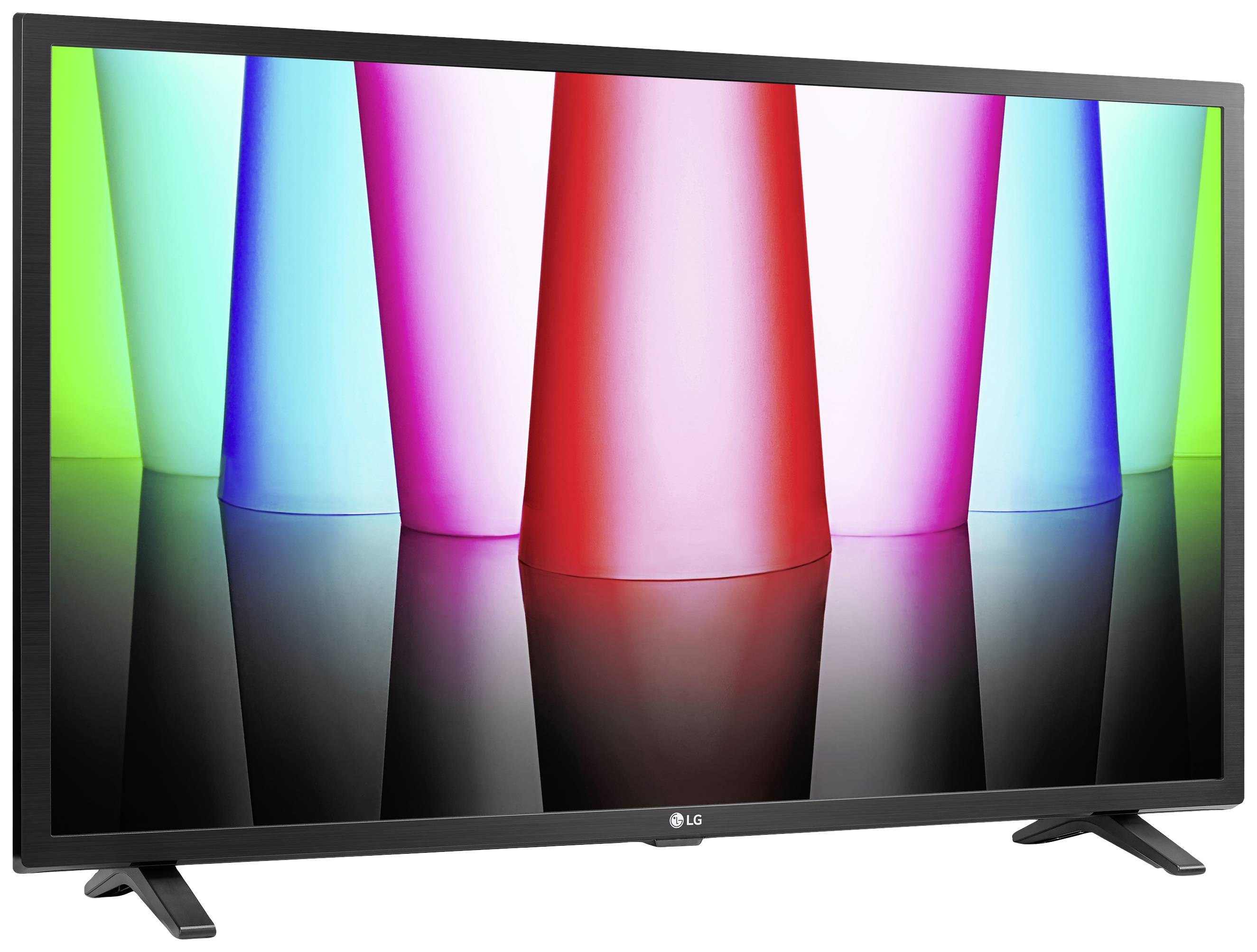 Flat-screen television with a colourful image on the screen, displaying five luminous columns in different colours.