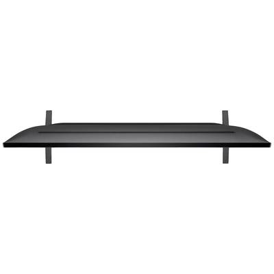 Black, minimalist wall shelf with two brackets. Rectangular shape, suitable for books or decorative items.
