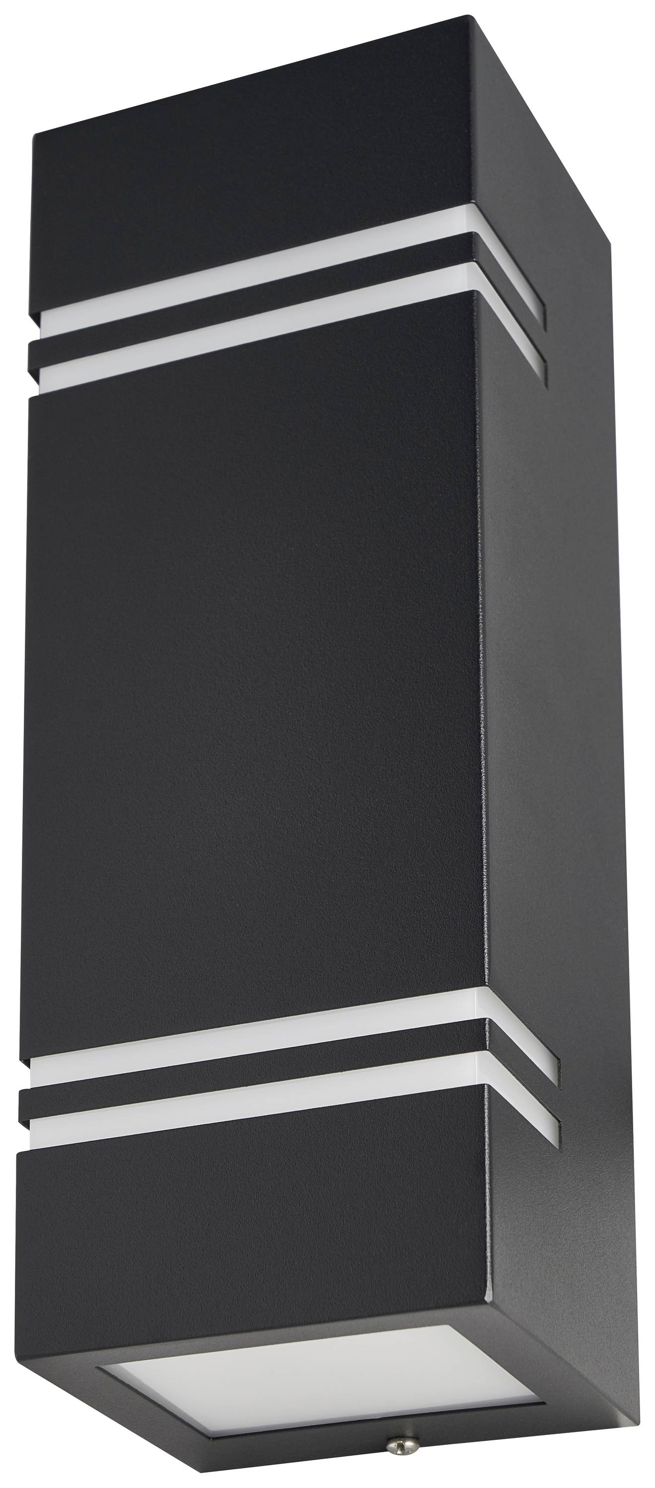 A rectangular, black wall light with modern, clean lines and integrated white elements for uniform light distribution.