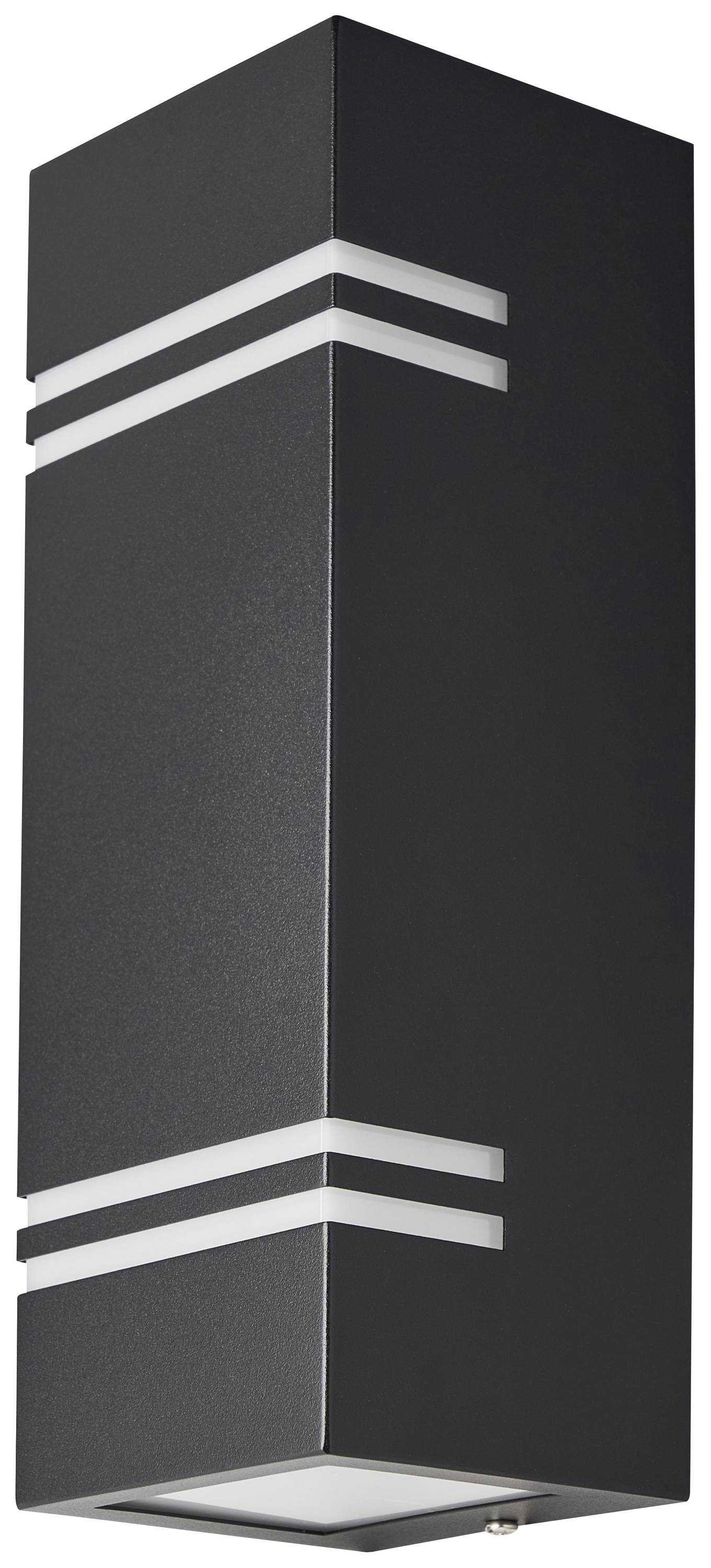 Black, rectangular outdoor light with modern, horizontal bars that emit light from the top and bottom. Suitable for wall mounting.