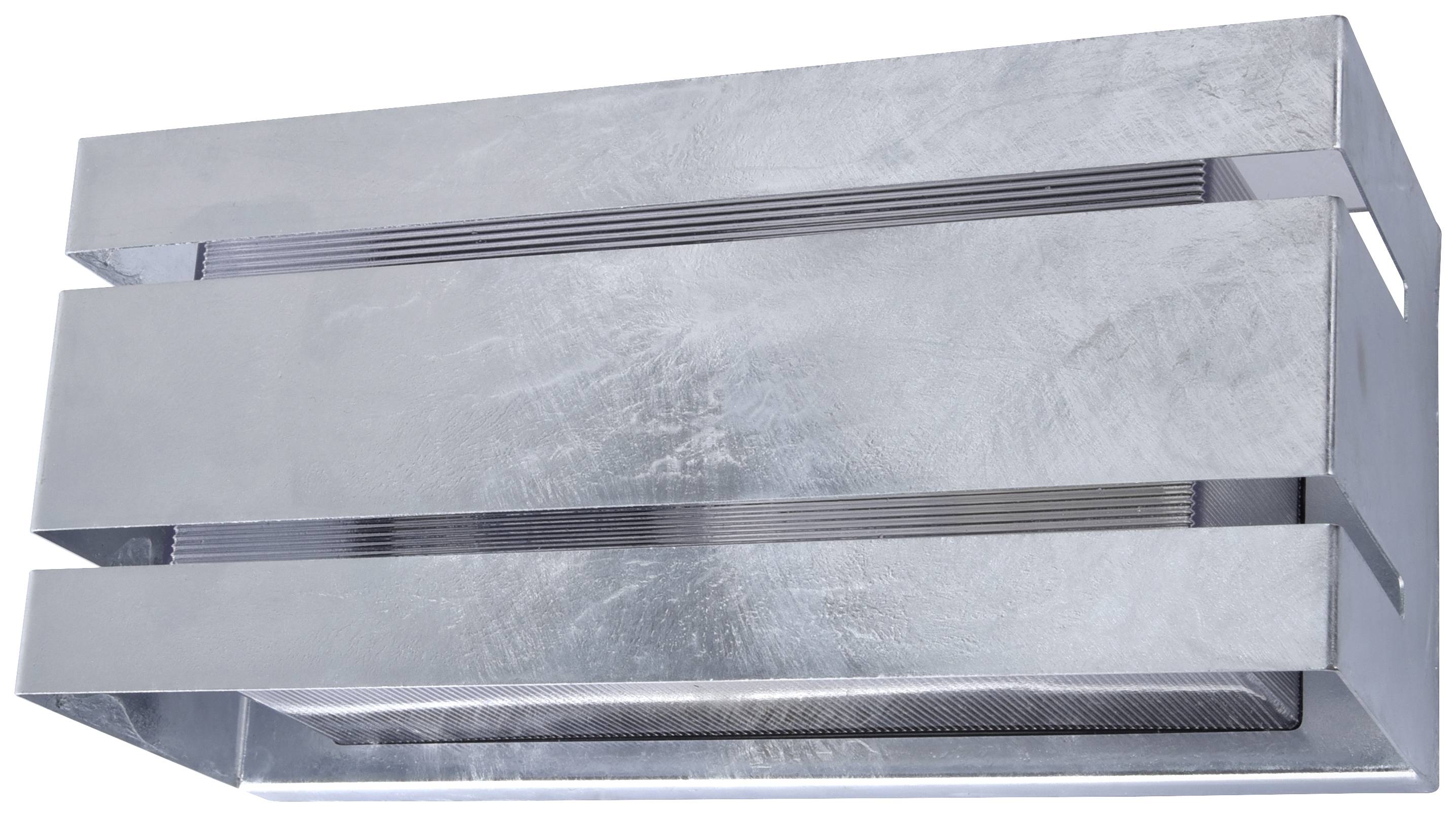 A silver, rectangular wall light with horizontal slits, featuring a modern and minimalist design.