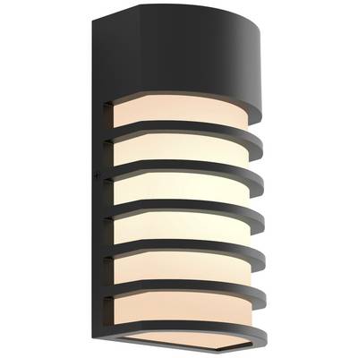Modern outdoor wall light with horizontal metal strips and an opal glass diffuser, emitting a warm white light for atmospheric illumination.