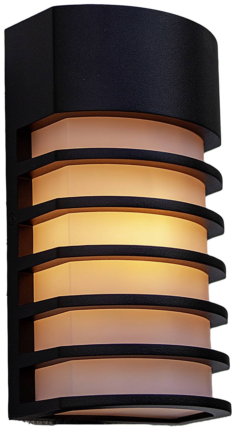 Wall light with contemporary design, black and white, emitting a warm glow. Ideal for outdoor spaces or sophisticated interior lighting.