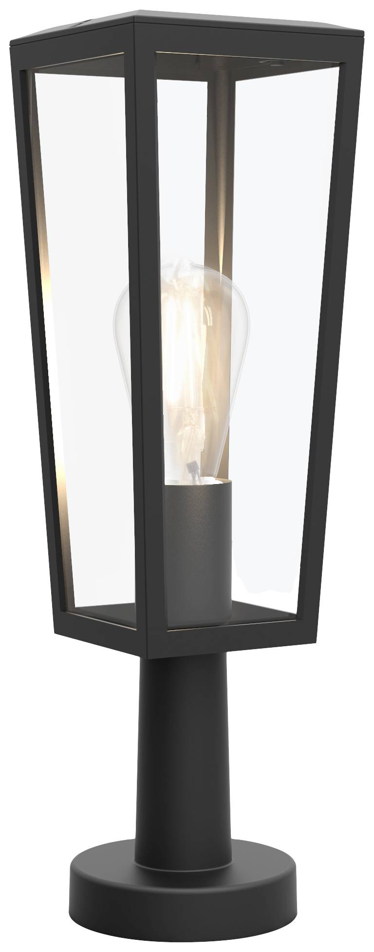 A modern outdoor light with a rectangular glass design and visible bulb, mounted on a circular base.
