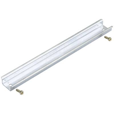 Metal bracket with two holes for mounting, accompanied by two screws. Suitable for installation or fixing purposes.