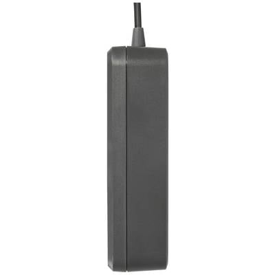 A black, rectangular charger with a cable at the top, presented vertically.