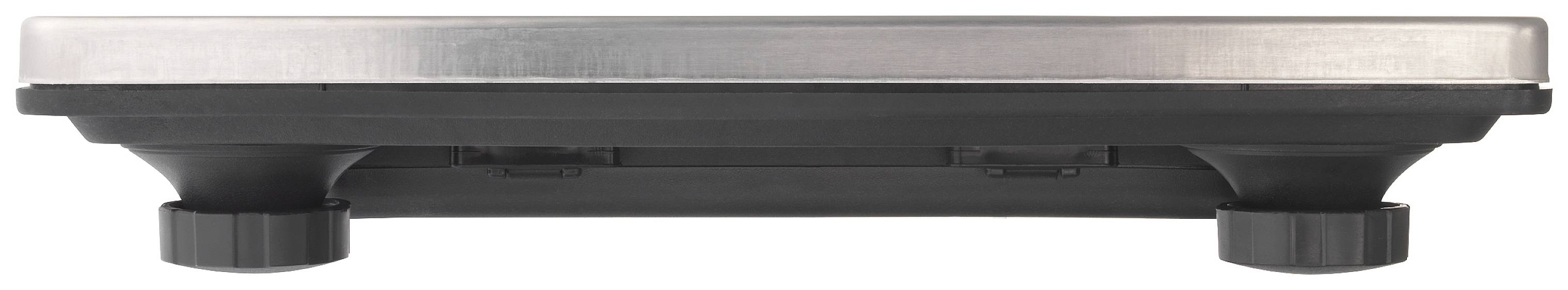 The figure shows a flat, rectangular metal platform with four black, adjustable feet. It is a platform scale.