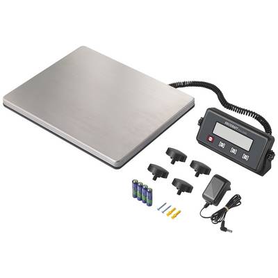 Electronic scale with stainless steel platform and digital display. Includes accessories such as batteries, adapter and screws.