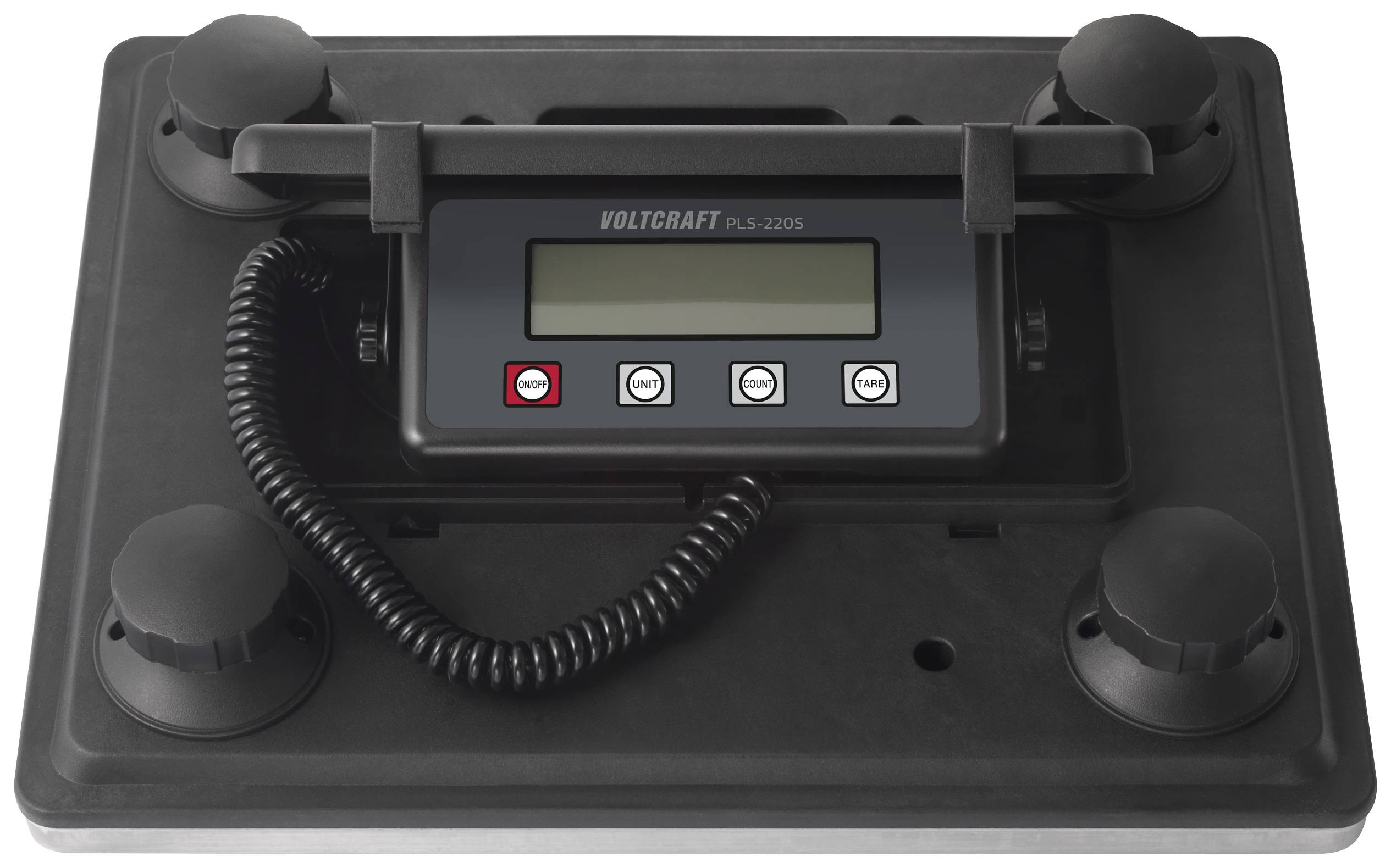 Square electronic scales with digital display and multiple buttons. 'Voltcraft' brand name at the top, cable on the left leading to the display.