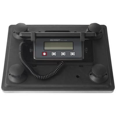 Square electronic scales with digital display and multiple buttons. 'Voltcraft' brand name at the top, cable on the left leading to the display.