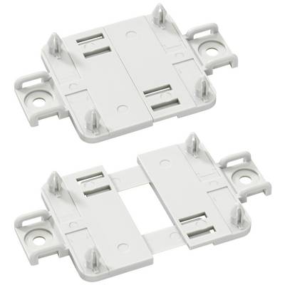 Two white plastic plates with clips, which are presumably intended for connecting or securing objects.