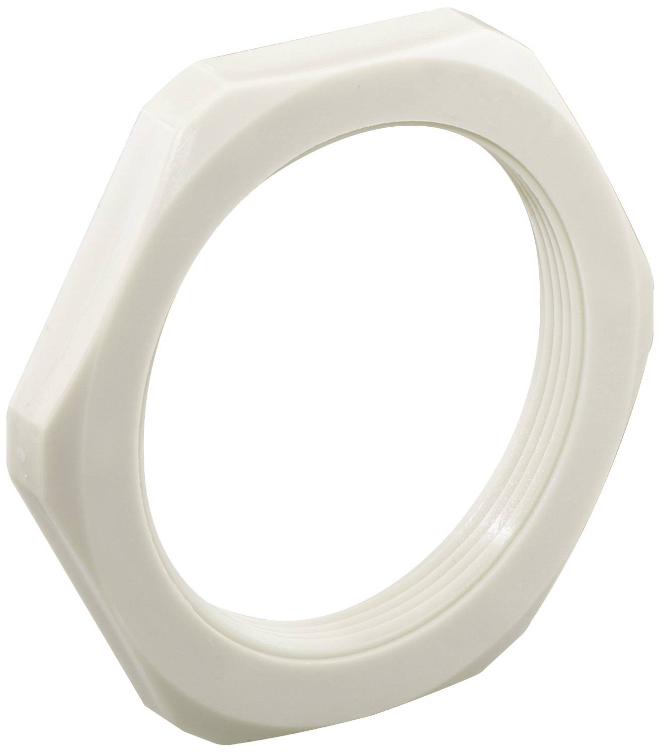 White plastic hexagonal nut with a ring shape, featuring smooth and ribbed edges for a secure grip.