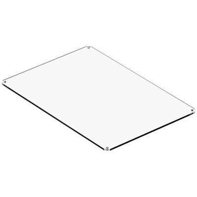 A transparent rectangular acrylic sheet with rounded corners and drilled holes at the corners.