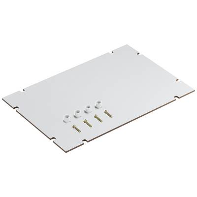 White metal plate with rounded corners, four screws and four nuts positioned on the surface.
