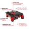 A red tile cutter with water cooling, a precision sliding mechanism and a safety cut-off switch. Includes labelling.