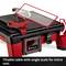 'Tilting Table with Angle Scale for Mitre Cuts' shows a red and black machine designed for precise material cutting.